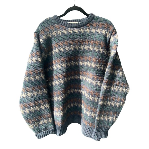 Orvis Other - ORVIS Wool Sweater, Crew Neck, Geometric Pattern Striped, Blue Teal Tan, SZ M